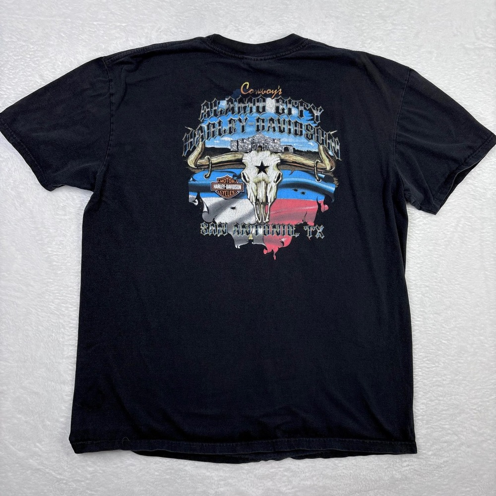 Harley Davidson Black Shirt XL Alamo City San Antonio Cow Skull‎ Flames 2 Sided